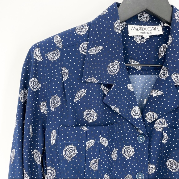 Vintage Andrea Gayle Retro Dotted Blouse Blue White Size 6P - Picture 2 of 7